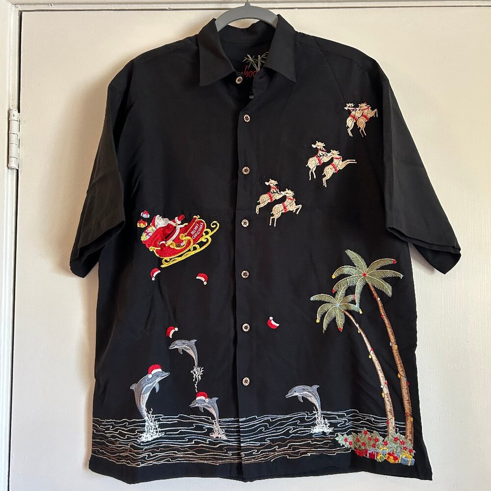 Bamboo Cay Shirt Mens Medium Santa Christmas Embroidered Hawaiian Tropical Black